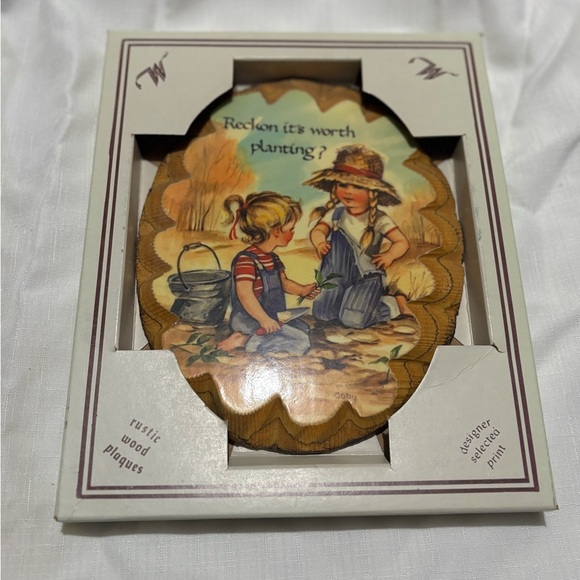 Vintage Rustic Wood Plaque with Children Illustration - Picture 1 of 6